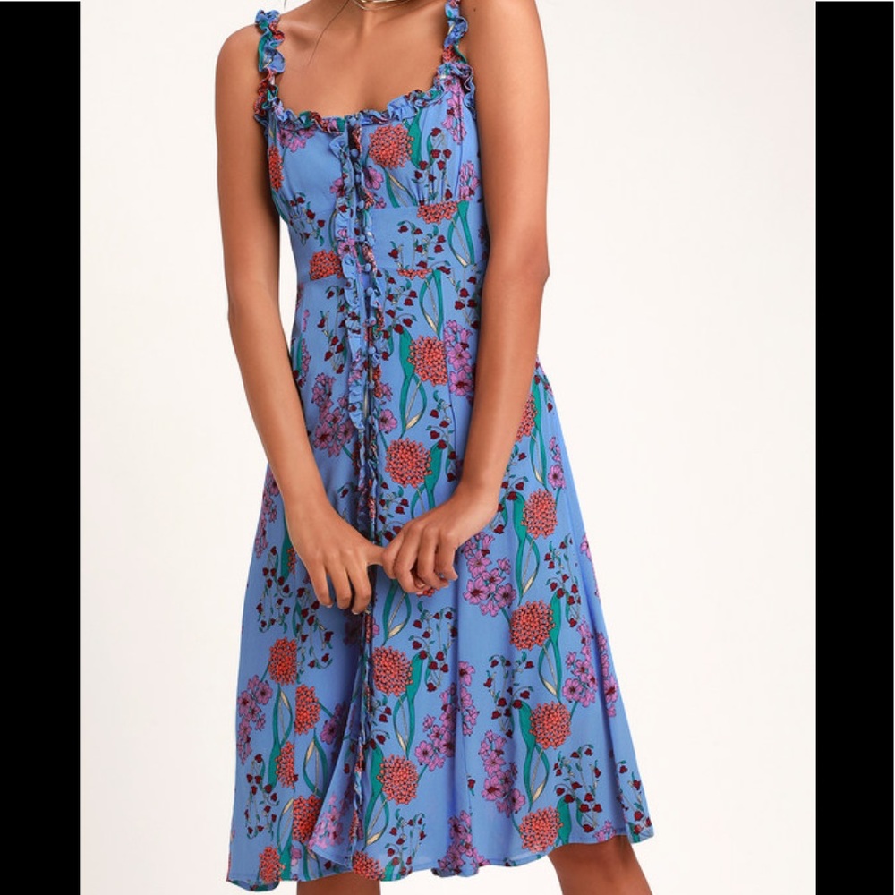 Blended Blue Floral Print Button-Up Midi Dress